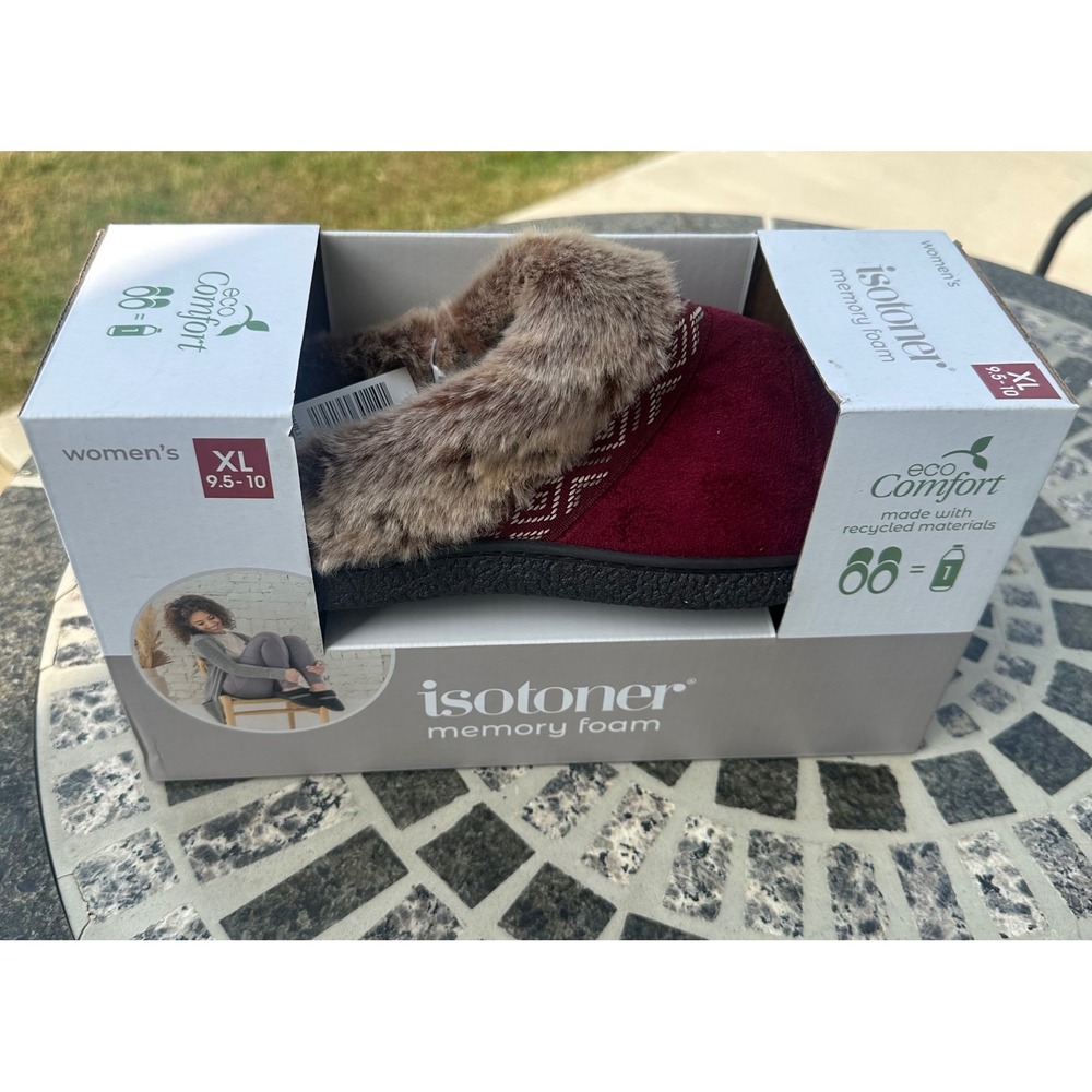 Isotoner Eco Comfort Womens Burgundy Memory Foam Faux Fur Slippers XL 9.5-10 NEW